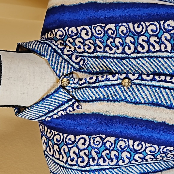 VINTAGE KATHY LEE BLOUSE PLUS 16W BLUE AQUA GOLD BUTTONS SHOULDER PADS TOP - Picture 2 of 8